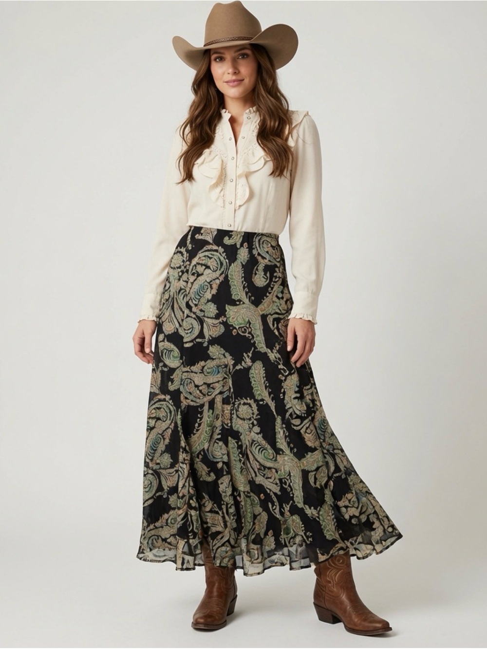 Double D Ranch Black Paisley Maxi Skirt with Green and Tan Accents L EUC